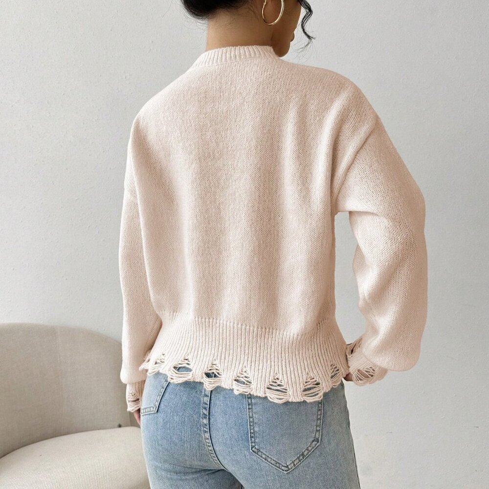 Apricot Casual Women's Round Neck Long Sleeve Letter Patchwork Knit Sweater - Picture 2 of 8